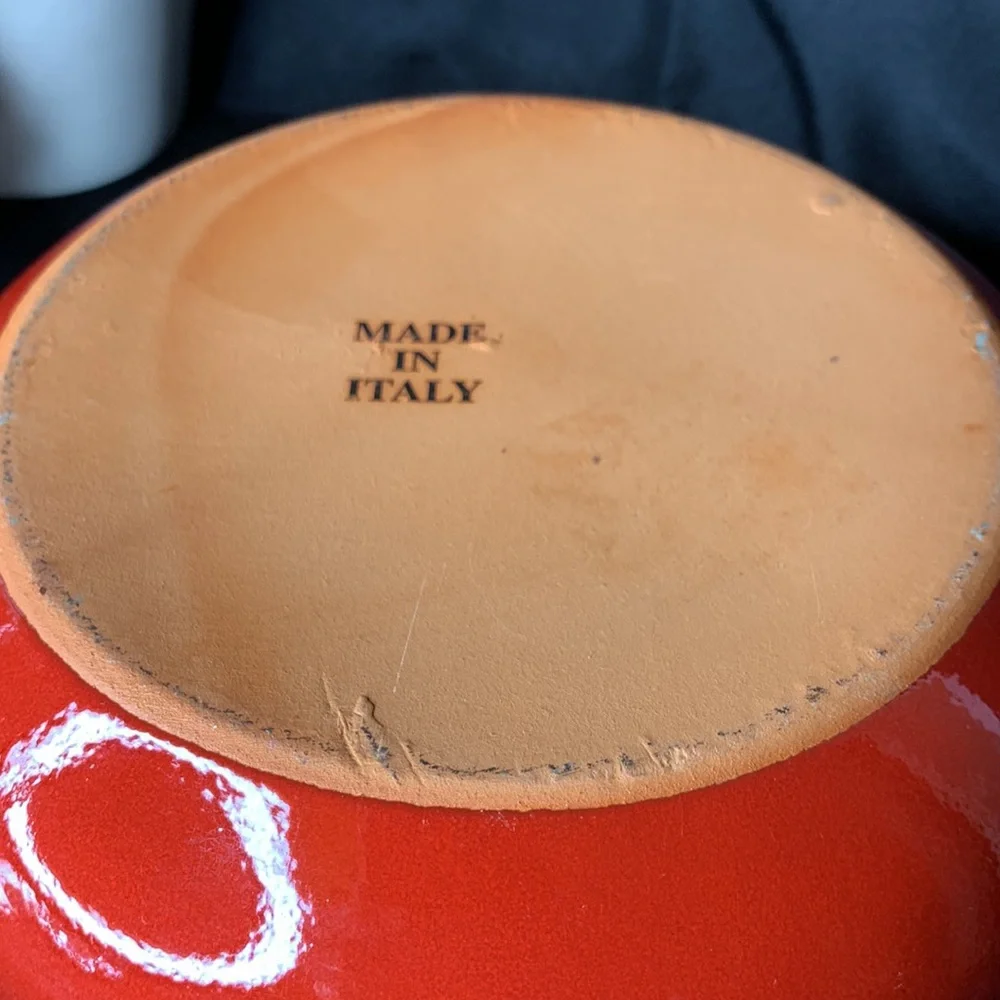 Large round Rustic red terracotta casserole dish with handle made in Italy